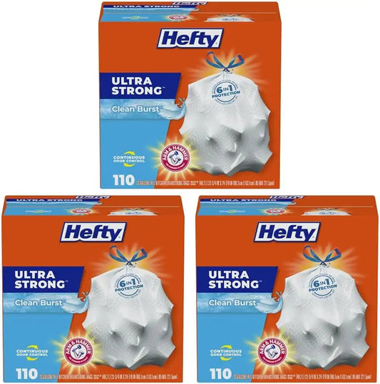Hefty Ultra Strong 13 Gallon Trash Bags, Tall Kitchen Trash_Bags 13 Gallon Size, Drawstring Closure, Continuous Odor Control, White, Clean Burst Scent, Bags 110 Count (Pack of 3)