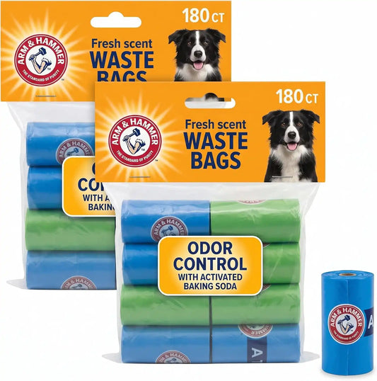 Arm & Hammer Easy-Tear Disposable Dog And Cat Waste Bags With Activated Baking Soda, 180 Dog Poop Bags, 9 x 14 Inches, (Pack of 2)