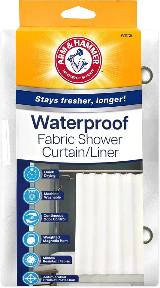 ARM & HAMMER Fabric Shower Curtain with Waterproof Back, 70 x 72, White