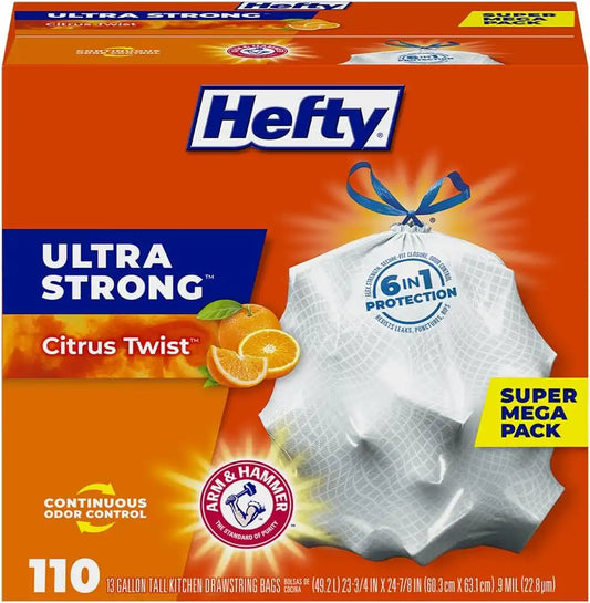 Hefty Ultra Strong 13 Gal Kitchen Trash Bags, White, Citrus Twist, 110ct