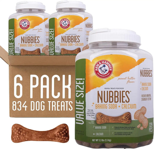 Arm & Hammer Nubbies Dental Treats Value Bucket, Peanut Butter, 139 Ct, 6Pk