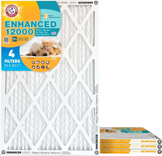 Arm & Hammer 20x30x1 Air Filter (4-Pack) | Merv 8 | Enhanced Allergen | Pet Fresh Odor Reduction | Contains Pure Baking Soda | HVAC AC Furnace | Made in USA | Actual Size 19.75" x 29.75" x 0.75"