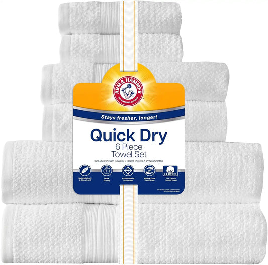 ARM & HAMMER Quick Dry Bath Towel Set, 6 Piece, White