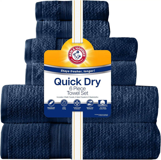 ARM & HAMMER Quick Dry Bath Towel Set, 6 Piece, Dark Blue