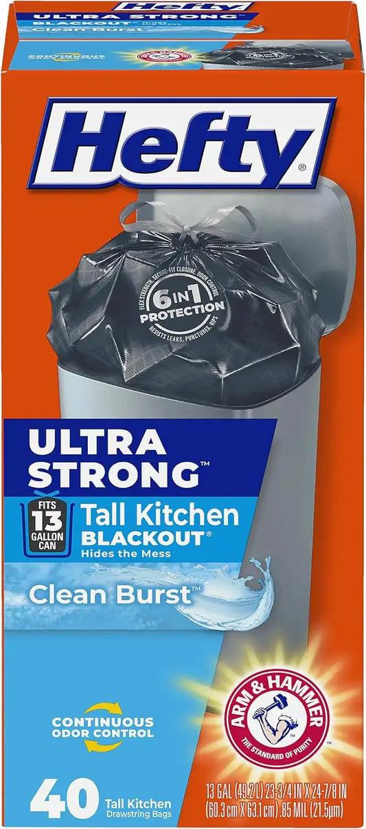 Hefty Ultra Strong 13 Gal Kitchen Trash Bags, Black, Clean Burst, 40ct