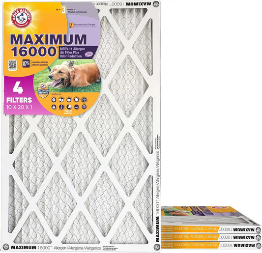 Arm & Hammer Max Allergen & Odor Reduction 10x20x1 Air and Furnace Filter, MERV 11, 4-Pack