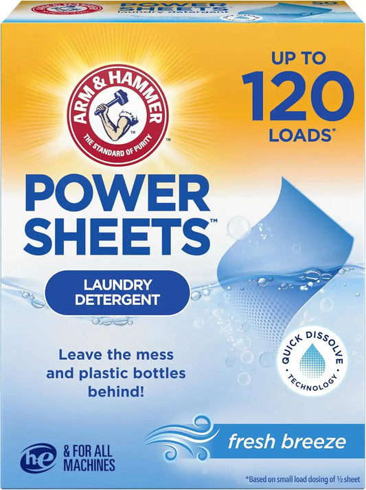 ARM & HAMMER Power Sheets Laundry Detergent, Fresh Breeze Scent, 60ct