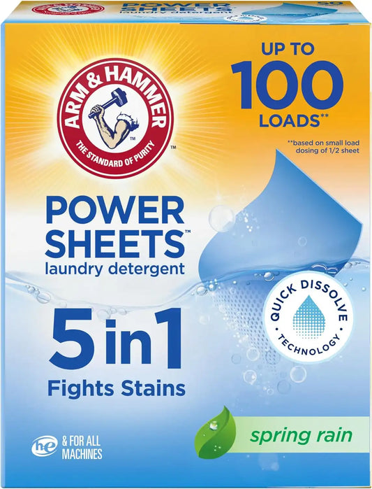 ARM & HAMMER 5-in-1 Power Sheets Laundry Detergent, Spring Rain, 50 Count (Pack of 6)