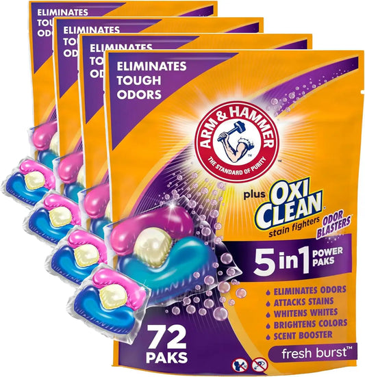 ARM & HAMMER Plus OxiClean With Odor Blasters Laundry Detergent Pak, 72 Count (Pack of 4)