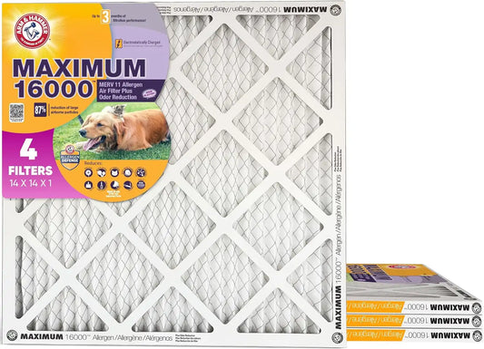 Arm & Hammer Max Allergen & Odor Reduction 14x14x1 Air and Furnace Filter, MERV 11, 4-Pack