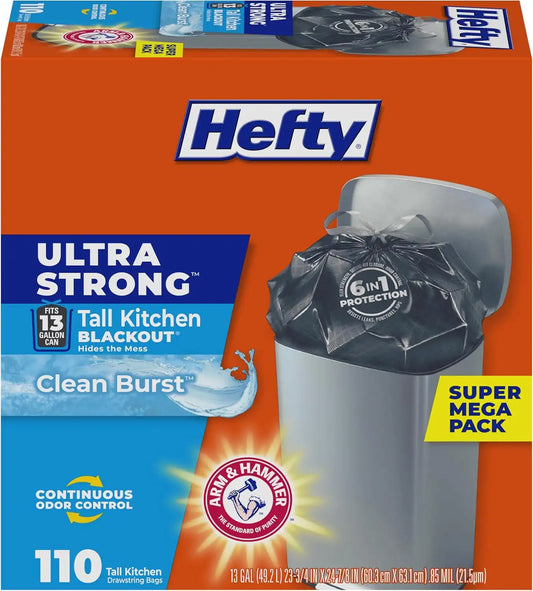 Hefty Ultra Strong 13 Gal Kitchen Trash Bags, Black, Clean Burst, 110ct