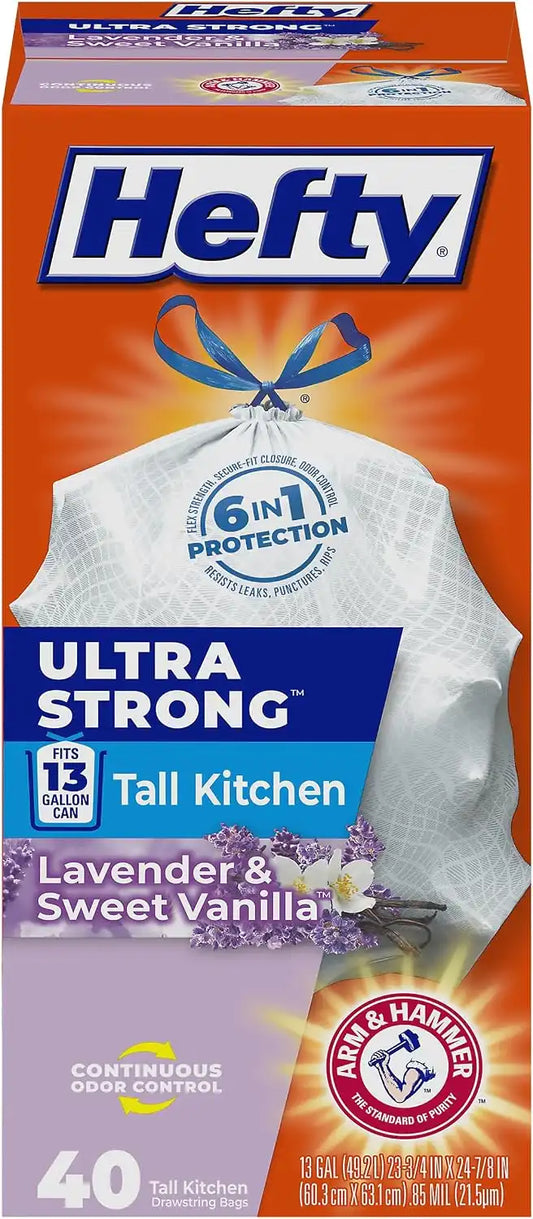 Hefty Ultra Strong 13 Gal Kitchen Trash Bags, White, Lavender Vanilla, 40ct