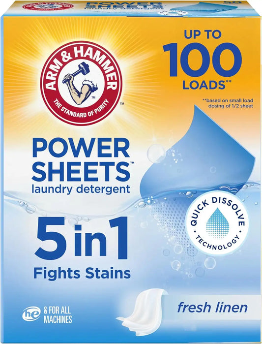 ARM & HAMMER 5-in-1 Power Sheets Laundry Detergent, Fresh Linen, 50 Count (Pack of 6)