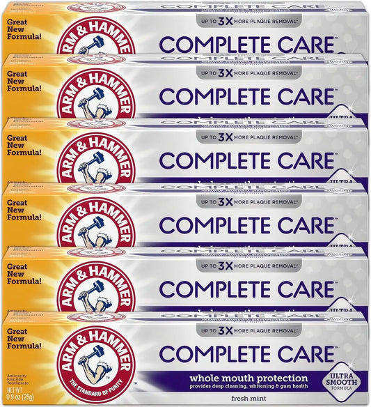 ARM & HAMMER Toothpaste Complete Care Whole Mouth Protection, 6 Pack, Fresh Mint, Anticavity Fluoride Toothpaste with Baking Soda, Whitening Enamel Strengthening Paste, Travel Size 0.9 Oz