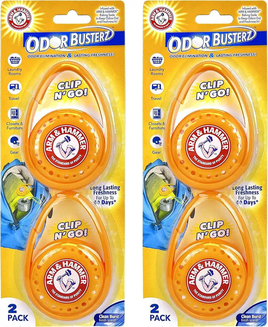 Arm & Hammer OdorBusterz ClipMATE™, Clean Burst, Clip-On Odor Absorber with Baking Soda, Carabiner Clip for Gym Bags, Backpacks & Travel Gear 2 Count (Pack of 12)